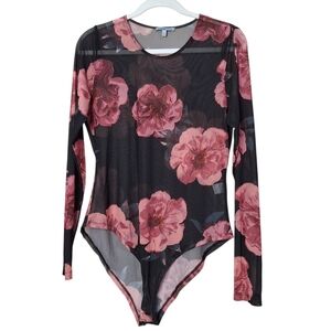 Whimsigoth Body Floral Mesh Sheer grunge Bodysuit Top XL Long Sleeve
